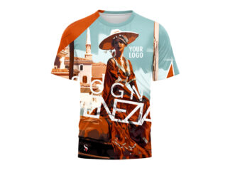 T-shirt z Nadrukiem Sublimacyjnym. Cała powierzchnia koszulki jest pokryta grafiką związaną z miastem Wenecja. Duży napis na śrdoku Venezia. Grafika przedstawia kobietę na tle miasta.