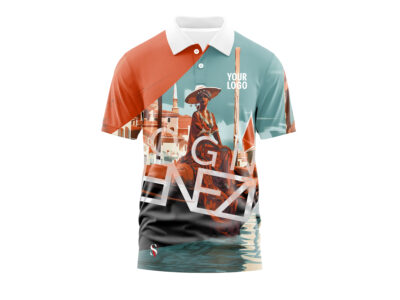 Koszulka Polo Sportowa z Kołnierzem. Koszulka jest w całości sublimowana. Grafika na całek powierzchni koszulki polo przedstawia gondoliera. Koszulka pochodzi z kolekcji Wenecja.